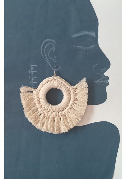 Örgü Macrome Halka Beyaz Küpe