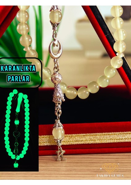 Kedi Gözü Kişiye Özel Harfli Hediyelik Tesbih Gece Karanlıkta Parlar 8 mm Küre Tesbih