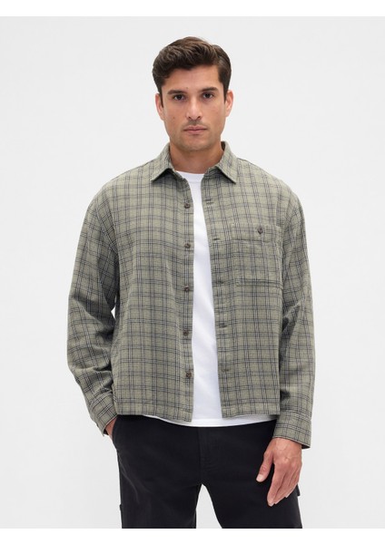Erkek Yeşil Boxy Fit Flannel Gömlek