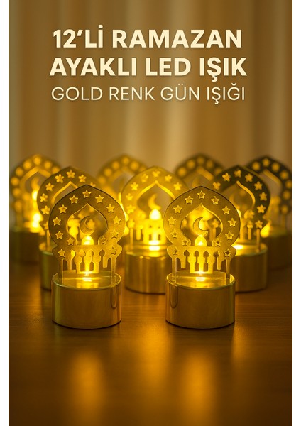 12'li Ramazan Ayaklı LED Işık - Gold Renk, Gün Işığı ve Dekoratif Ramazan Aydınlatması