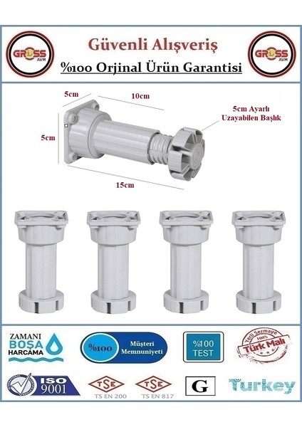Plastik Mobilya Baza Ayağı - Ayarlanabilir 10-15CM - Gri - 4 Adet