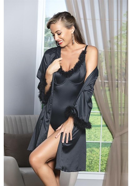 Kuşaklı Mini Boy Saten Sabahlık Siyah (BRF11500)