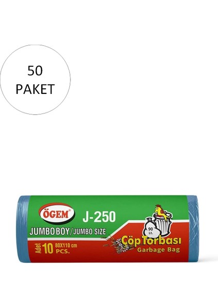 J-250 Jumbo Boy Çöp Torbası 80 x 110 cm 10 Lu Rulo x 50 Paket = 500 Adet (Mavi)