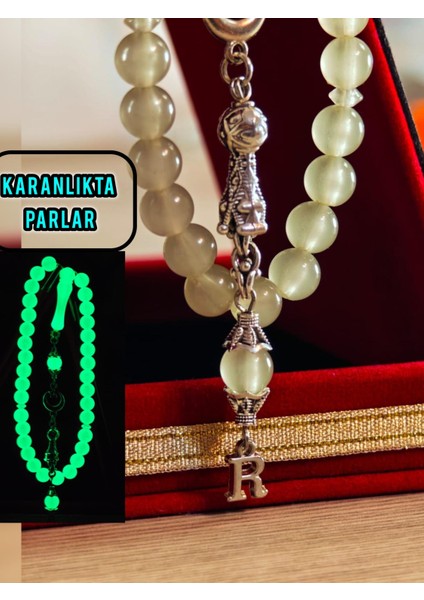 Kedi Gözü Kişiye Özel Harfli Hediyelik Tesbih Gece Karanlıkta Parlar 8 mm Küre Tesbih