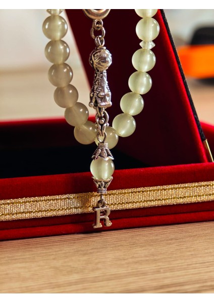 Kedi Gözü Kişiye Özel Harfli Hediyelik Tesbih Gece Karanlıkta Parlar 8 mm Küre Tesbih