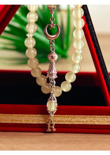 Kedi Gözü Kişiye Özel Harfli Hediyelik Tesbih Gece Karanlıkta Parlar 8 mm Küre Tesbih