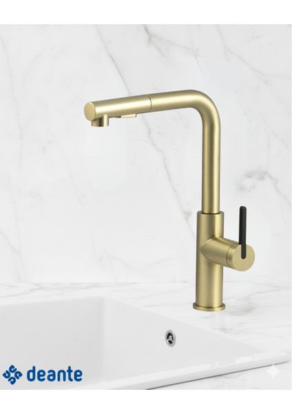 Momi BKM_R73M Çekme Spiralli Altın Mutfak Evye Bataryası Fırçalanmış | Su Tasarruflu Bal Peteği Aeratör, Sessiz kullanım