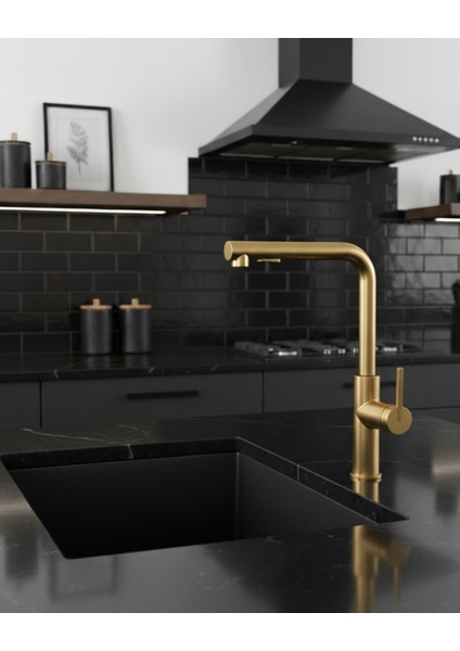 Momi BKM_R73M Çekme Spiralli Altın Mutfak Evye Bataryası Fırçalanmış | Su Tasarruflu Bal Peteği Aeratör, Sessiz kullanım