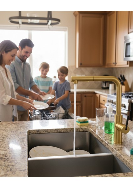 Momi BKM_R73M Çekme Spiralli Altın Mutfak Evye Bataryası Fırçalanmış | Su Tasarruflu Bal Peteği Aeratör, Sessiz kullanım