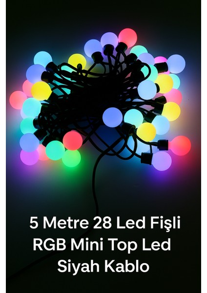 5 Metre 28 LED Rgb Mini Top Işık - Fişli, Siyah Kablo ve Çok Renkli Dekoratif LED