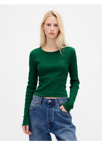 Kadın Yeşil Ribana Crop Bisiklet Yaka T-Shirt