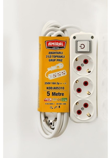 3 Lü Topraklı Anahtarlı 5 Metre Kablolu Grup Priz (770770)