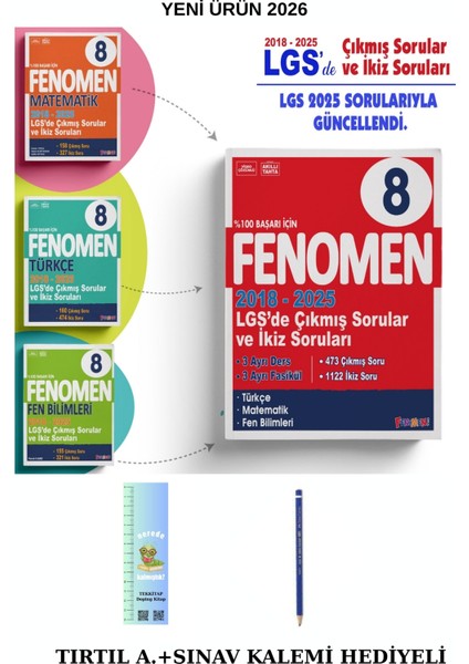 Fenomen 8. Sınıf Lgs (Matematik-Fen-Türkçe) 2018-2025 Çıkmış Sorular ve Ikiz Sorular Seti(Tırtıla.+Sınav KALEMIH)2026 Yeni Ürün