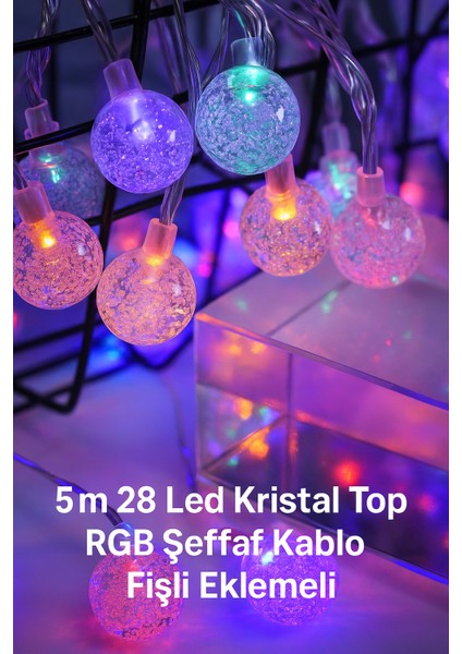 5 Metre 28 LED Kristal Top Işık - Gün Işığı, Eklemeli Fişli ve Şeffaf Kablo