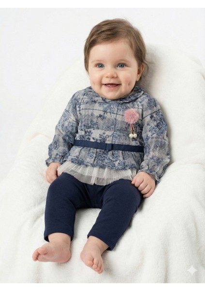 Çiçek Desenli Şifon Gömlekli Taytlı Kız Bebek Takım 3-6 Ay