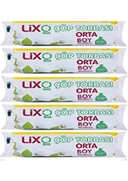 Orta Boy Çöp Torbası 55 x 60 cm 20 Li Rulo x 5 Paket = 100 Adet (Mavi)
