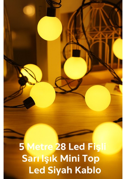 5 Metre 28 LED Mini Top Işık - Sarı Işık, Fişli, Siyah Kablo Dekoratif LED Zincir