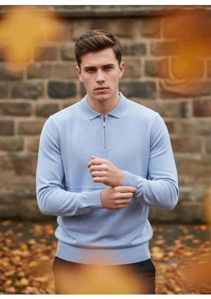 Erkek Yarım Fermuar Polo Yaka Triko Kazak