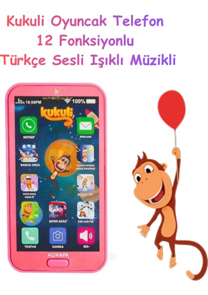 Kukuli Dokunmatik Oyuncak Telefon 12 Fonksiyonlu Türkçe Sesli Işıklı Müzikli Pilli Eğlendiren