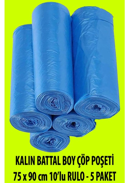 Kalın Battal Boy Çöp Poşeti 75 x 90 cm 10'lu Rulo - 5 Paket