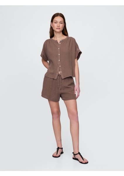 Kadın Kahverengi Crinkle Gauze Easy Şort