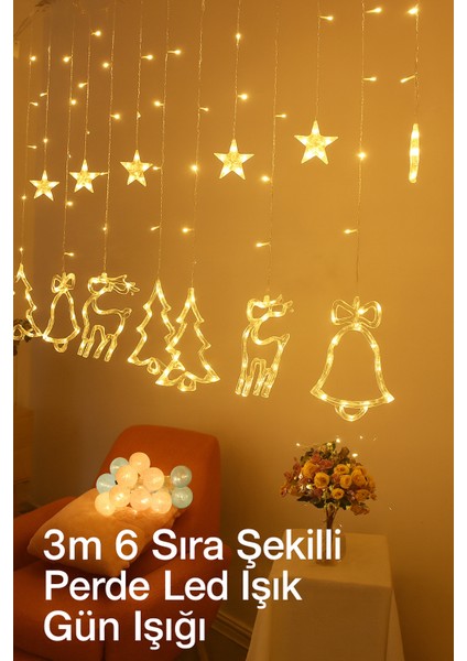 3 Metre 6 Sıra Şekilli Perde LED Işık - Gün Işığı ve Dekoratif Saçaklı Dize Aydınlatma