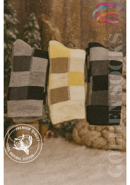 Unisex Sıcak Tutan Kalın Kışlık 3 Çift Desenli Yün Çorap, Isı Emici Çorap