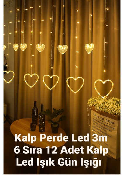 3 Metre 6 Sıra Kalp Perde LED Işık - Gün Işığı, 12 Adet Kalp Figürlü Dekoratif