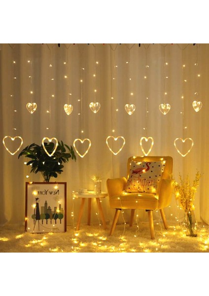 3 Metre 6 Sıra Kalp Perde LED Işık - Gün Işığı, 12 Adet Kalp Figürlü Dekoratif modelleri