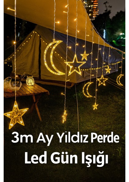 3 Metre Ay Yıldız Perde LED Işık - Gün Işığı, 12 Saçaklı, Fişli ve 8 Fonksiyonlu