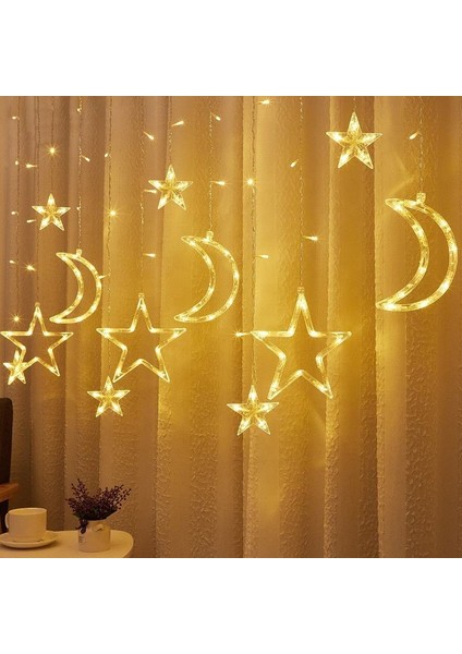 3 Metre Ay Yıldız Perde LED Işık - Gün Işığı, 12 Saçaklı, Fişli ve 8 Fonksiyonlu modelleri