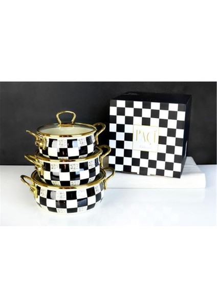-Eliteclas 16/18/20 cm Dama Desenli 3lü Emaye Tencere Seti