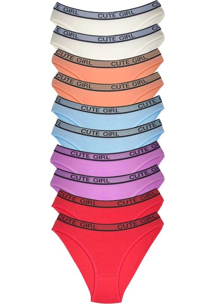 10 Adet Beli Yazılı Pamuklu Kalın Lastik Kadın Slip Külot