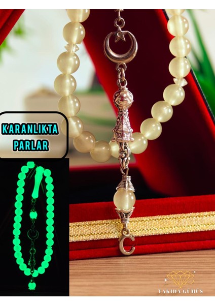 Kedi Gözü Kişiye Özel Harfli Hediyelik Tesbih Gece Karanlıkta Parlar 8 mm Küre Tesbih