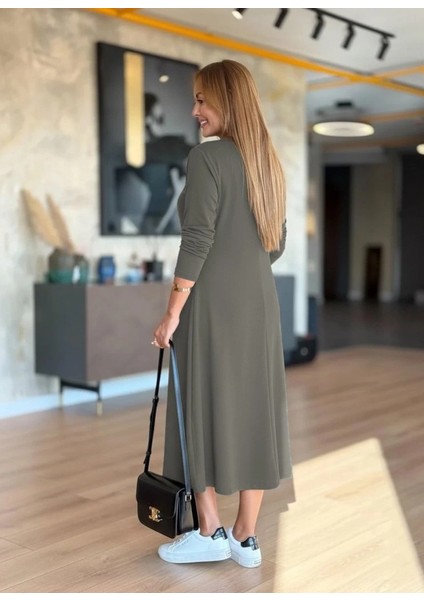 Kadın Uzun Kollu V Yakalı Midi Çağla Yeşili Modal Elbise fırsatları
