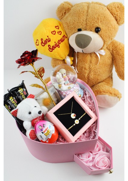 Sevgilinize Özel Papatyalı Hediye Kutusu - 925 Ayar Gümüş Kolye ve Bileklik