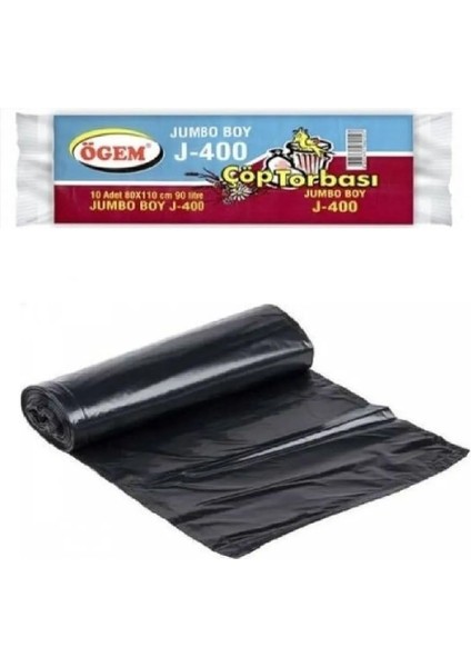 J-400 Jumbo Boy Çöp Torbası 80 x 110 cm 10 Lu Rulo x 1 Paket = 10 Adet (Siyah)