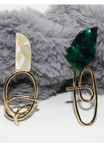 Zümrüt Yeşil & Fildişi Akrilik Asimetrik Soyut Tel Küpe (Ikili Set) fiyatları