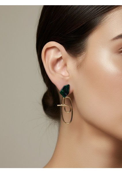 Zümrüt Yeşil & Fildişi Akrilik Asimetrik Soyut Tel Küpe (Ikili Set) modelleri