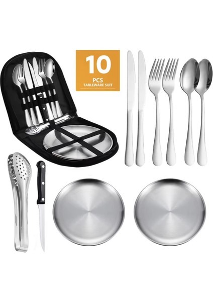 Premium Taşıma Çantalı Paslanmaz Çelik Kamp & Piknik Seti –10 Parça Gümüş Renk