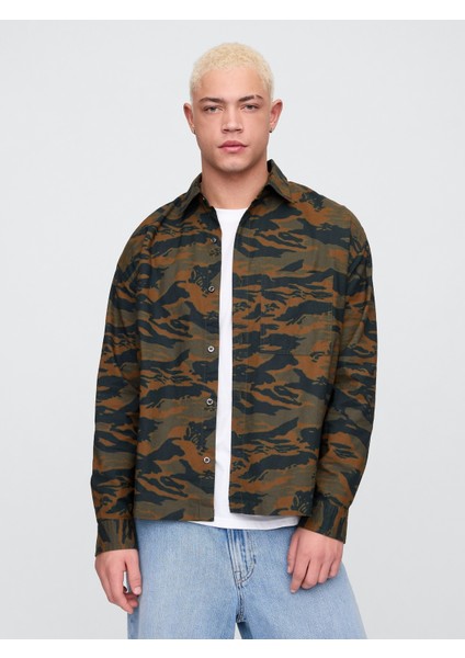 Erkek Kamuflaj Kamuflaj Desenli Oxford Gömlek Kutulu Kesim