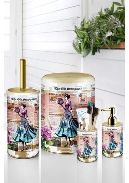 4 Parça Metal Banyo Seti – Vintage Gazete Desenli – Click Kapaklı Şık Tasarım