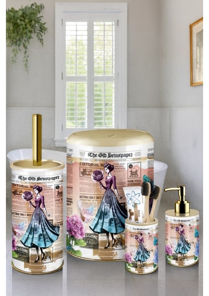 4 Parça Metal Banyo Seti – Vintage Gazete Desenli – Click Kapaklı Şık Tasarım fiyatları