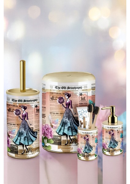 4 Parça Metal Banyo Seti – Vintage Gazete Desenli – Click Kapaklı Şık Tasarım modelleri