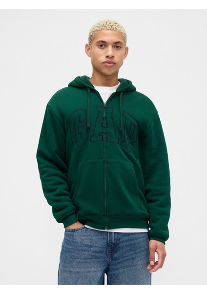 Erkek Yeşil Relaxed Gap Logo Sherpa Astarlı Fermuarlı Sweatshirt
