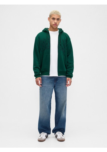 Erkek Yeşil Relaxed Gap Logo Sherpa Astarlı Fermuarlı Sweatshirt