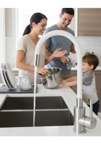 Luno Çelik Beyaz Mutfak Evye Bataryası| Esnek 380 mm S-şekil, 360° Silikon Hortum, A Sınıfı Havalandırıcılı Akış, 35 mm Seramik Kartuşlu,sessiz kullanım