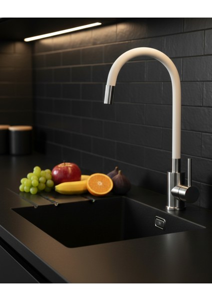 Luno Çelik Beyaz Mutfak Evye Bataryası| Esnek 380 mm S-şekil, 360° Silikon Hortum, A Sınıfı Havalandırıcılı Akış, 35 mm Seramik Kartuşlu,sessiz kullanım