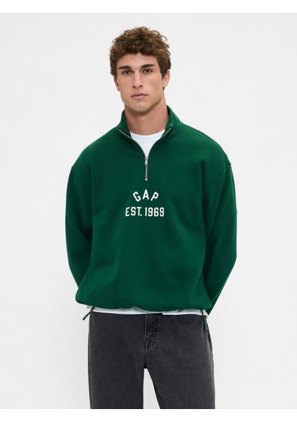 Erkek Yeşil Vintagesoft Oversized Gap Logo Yarım Fermuarlı Sweatshirt