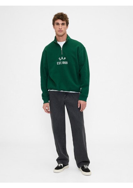 Erkek Yeşil Vintagesoft Oversized Gap Logo Yarım Fermuarlı Sweatshirt